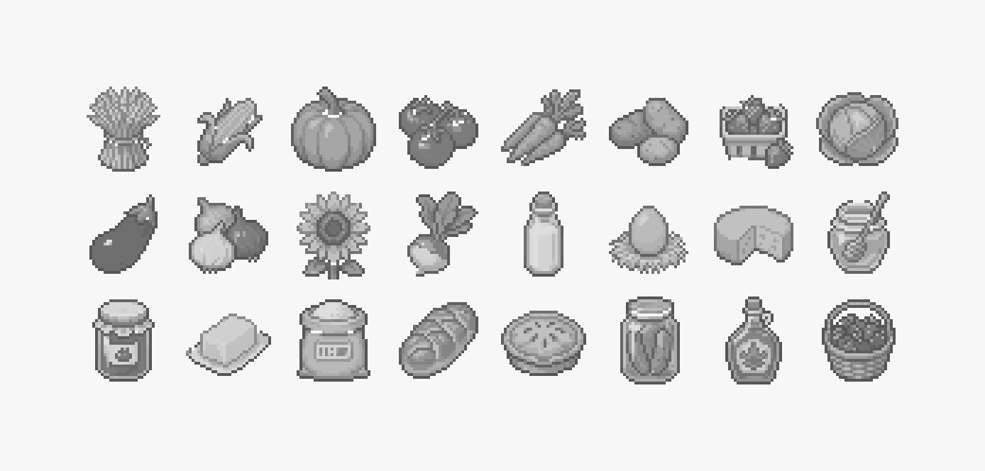 Twenty-four pixel art food icons in three rows of eight — crops along the top, dairy and preserves below — shown in greyscale; the pack itself is in colour