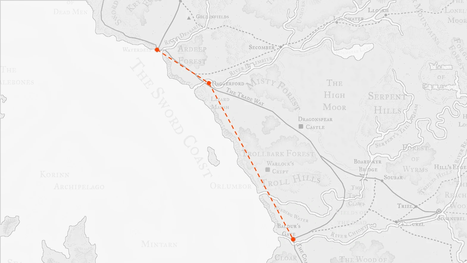 A fragment of the Sword Coast, with Waterdeep, Daggerford and Baldur's Gate marked in orange and a dashed measuring line running between them